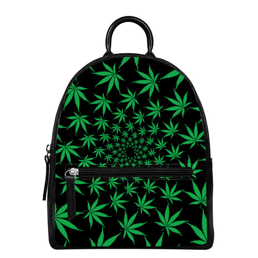 Swirl Cannabis Leaf Print Leather Backpack
