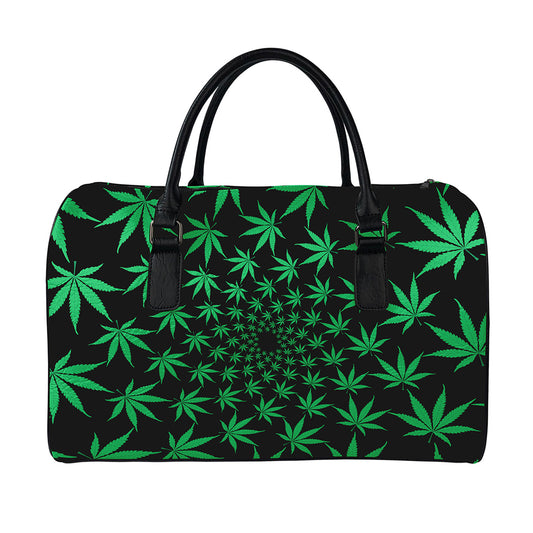 Swirl Cannabis Leaf Print Leather Duffle Bag