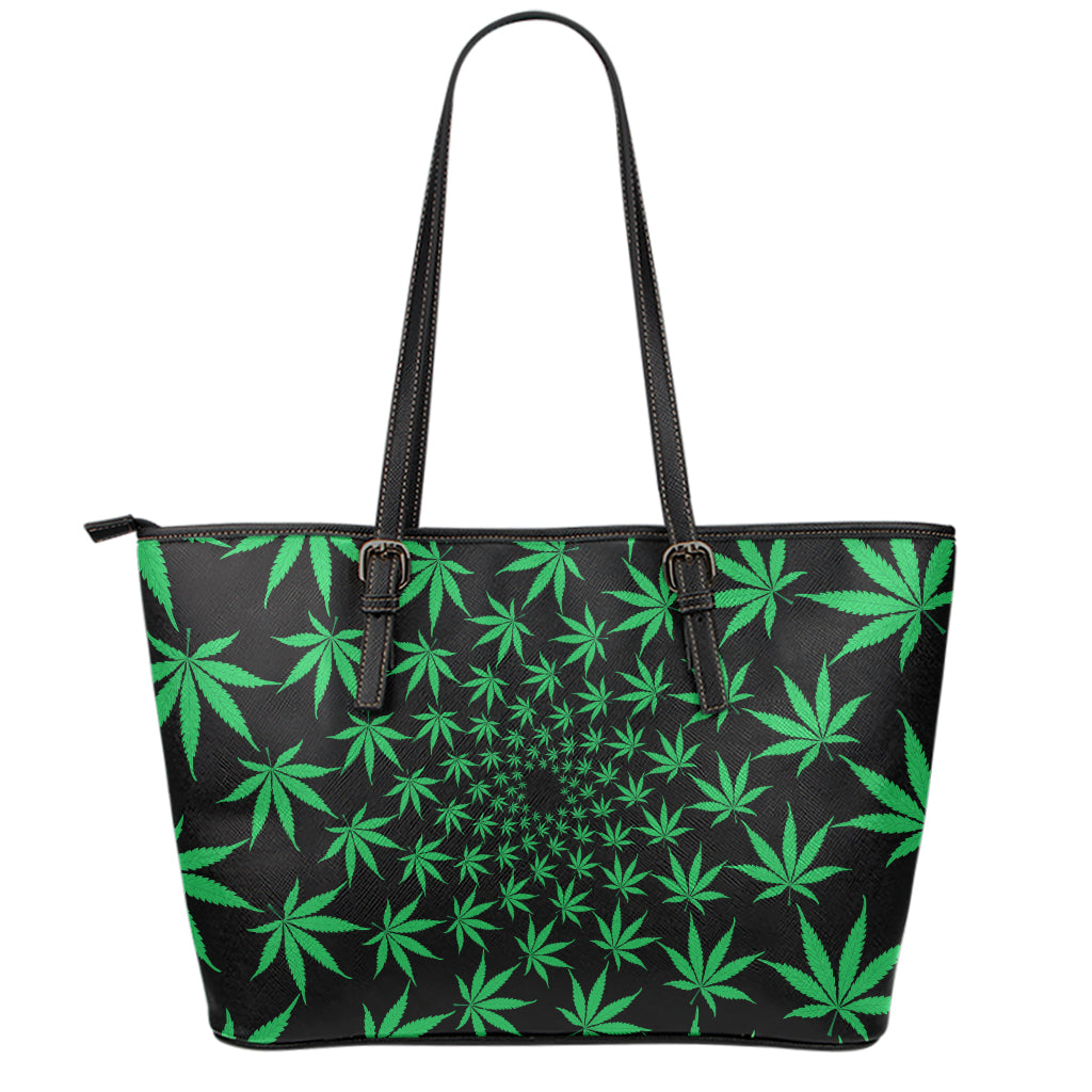 Swirl Cannabis Leaf Print Leather Tote Bag