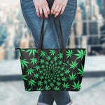 Swirl Cannabis Leaf Print Leather Tote Bag