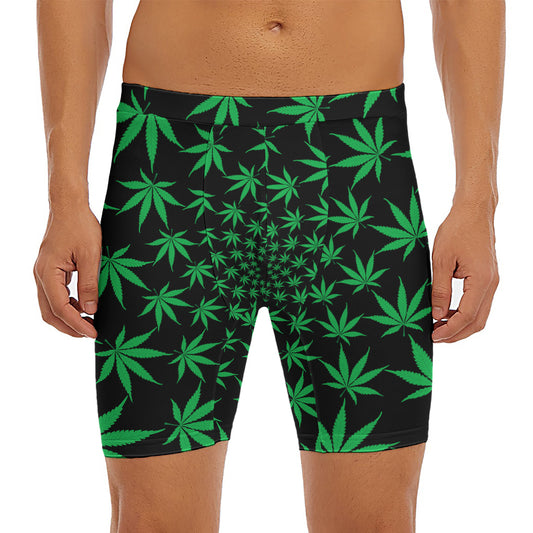Swirl Cannabis Leaf Print Men's Long Boxer Briefs