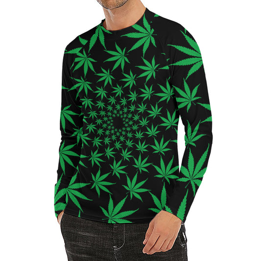 Swirl Cannabis Leaf Print Men's Long Sleeve Rash Guard