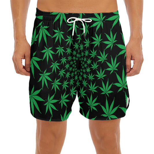 Swirl Cannabis Leaf Print Men's Split Running Shorts