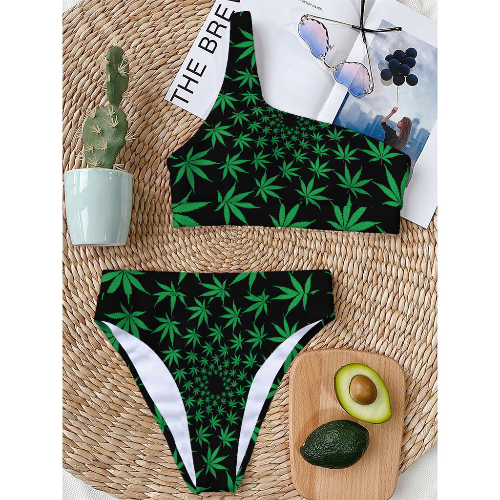 Swirl Cannabis Leaf Print One Shoulder Bikini Top