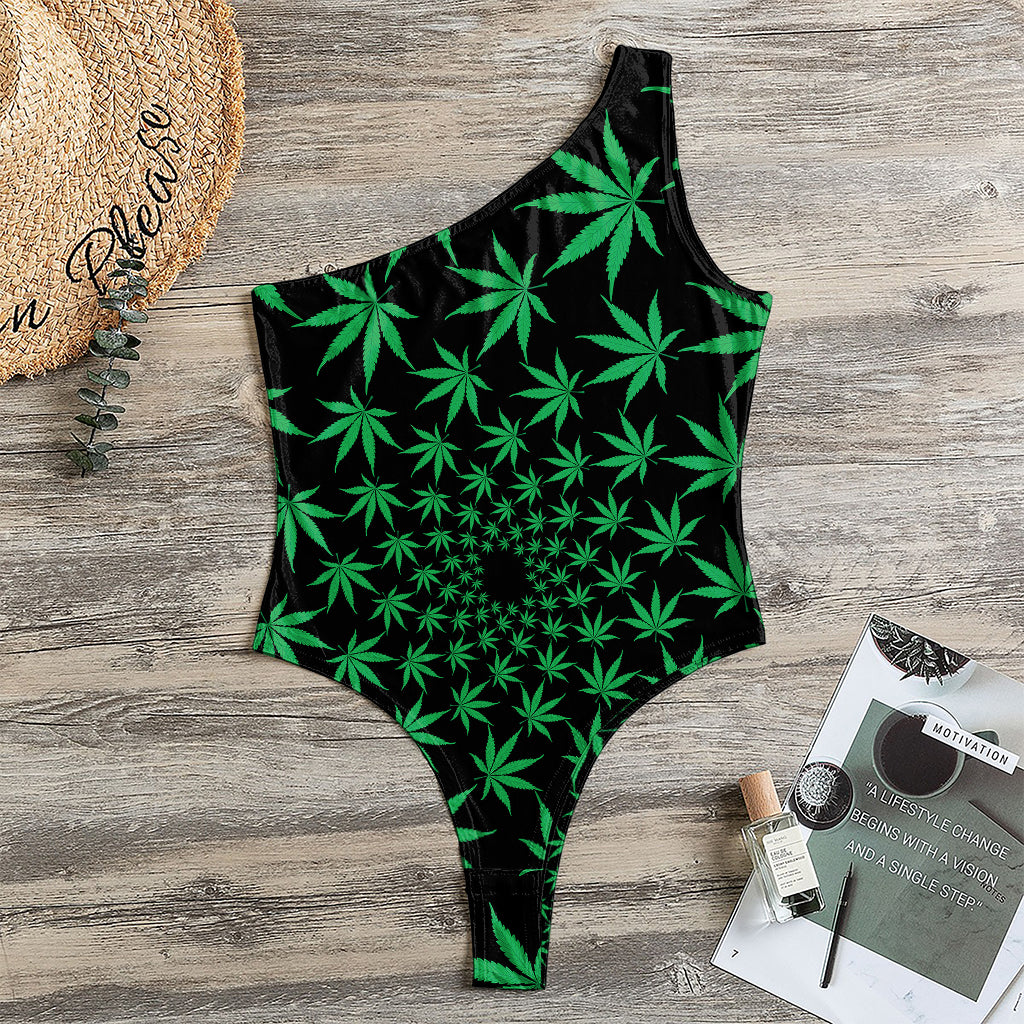 Swirl Cannabis Leaf Print One Shoulder Bodysuit