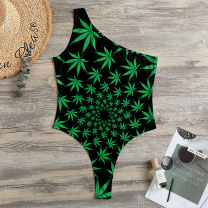 Swirl Cannabis Leaf Print One Shoulder Bodysuit
