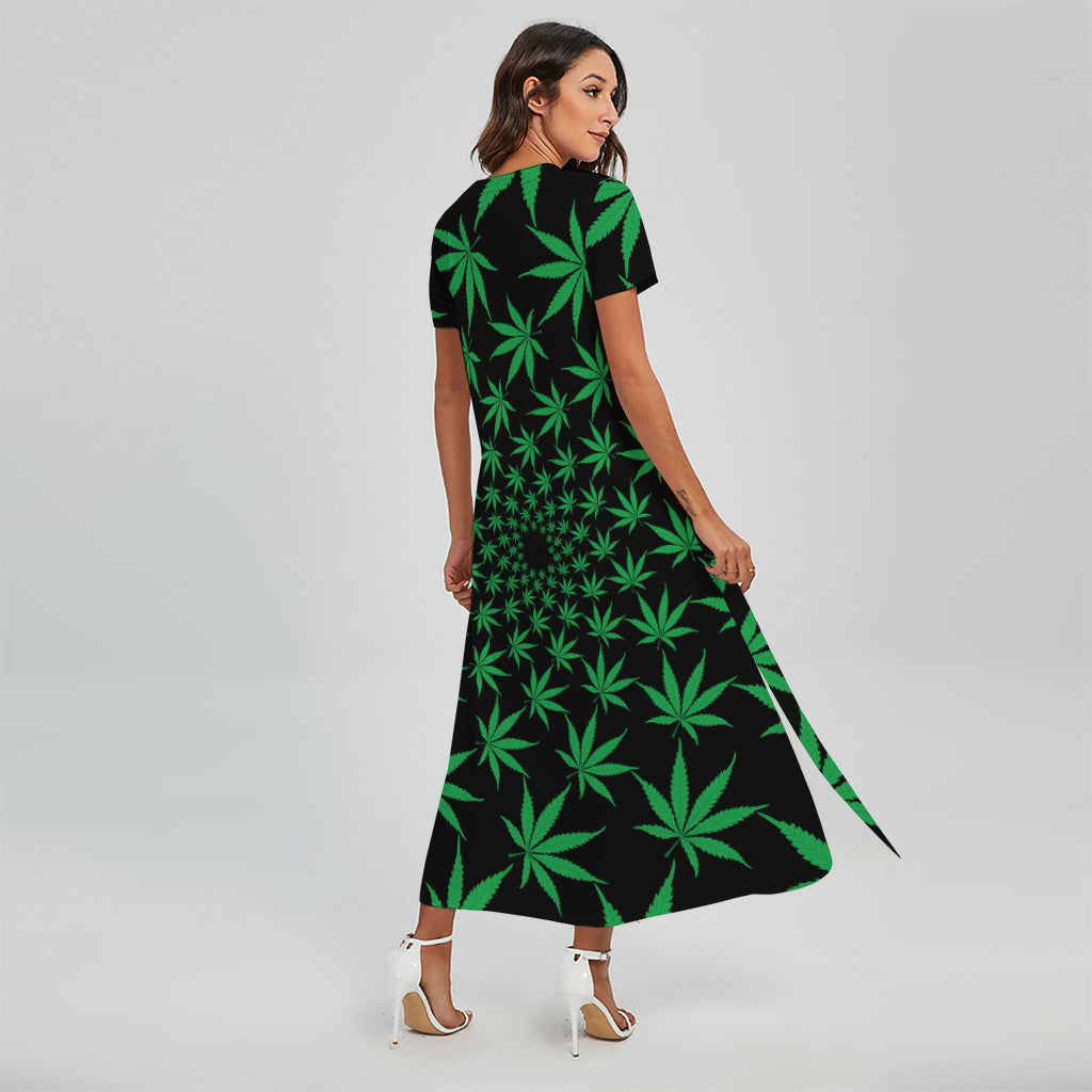 Swirl Cannabis Leaf Print Short Sleeve Maxi Dress