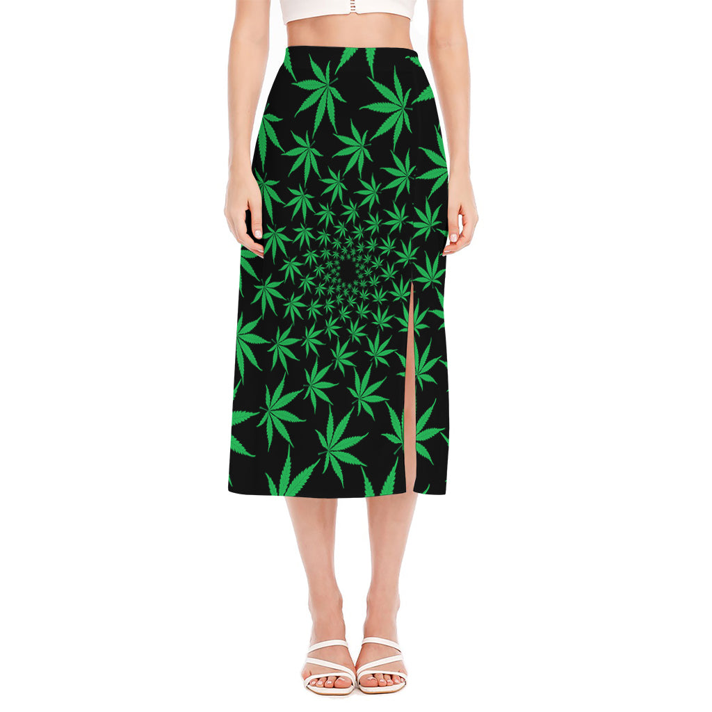 Swirl Cannabis Leaf Print Side Slit Midi Skirt