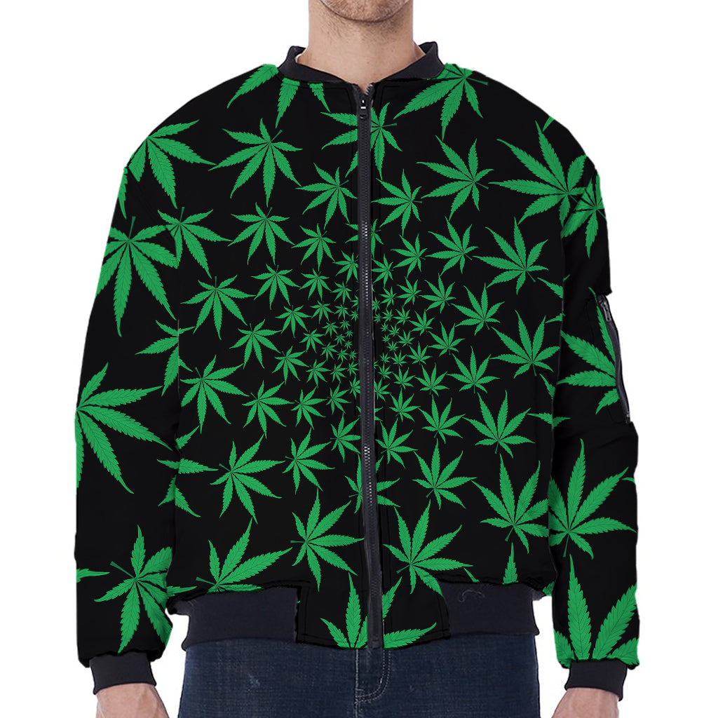 Swirl Cannabis Leaf Print Zip Sleeve Bomber Jacket