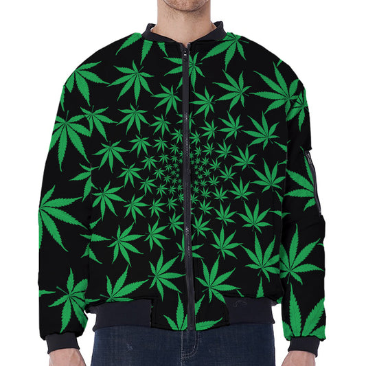 Swirl Cannabis Leaf Print Zip Sleeve Bomber Jacket