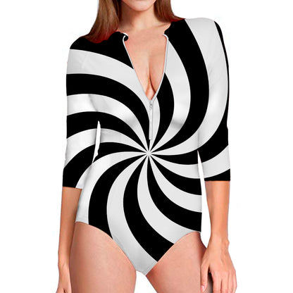 Swirl Optical Illusion Print Long Sleeve Swimsuit