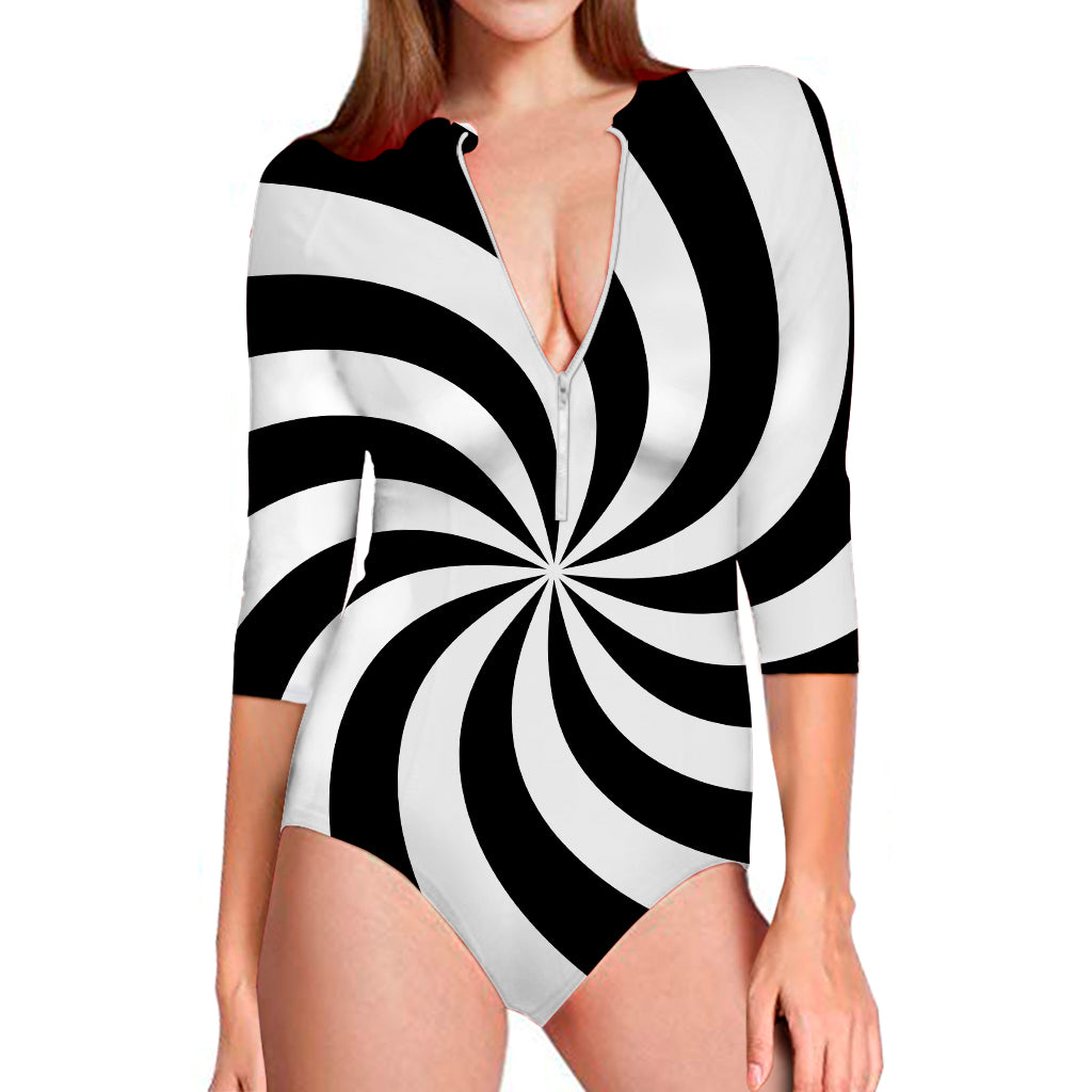 Swirl Optical Illusion Print Long Sleeve Swimsuit