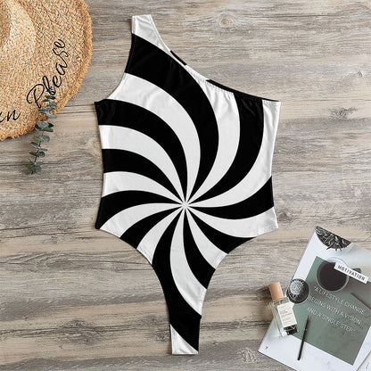 Swirl Optical Illusion Print One Shoulder Bodysuit