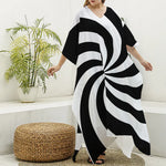 Swirl Optical Illusion Print Silk V-Neck Kaftan Dress