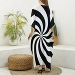 Swirl Optical Illusion Print Silk V-Neck Kaftan Dress