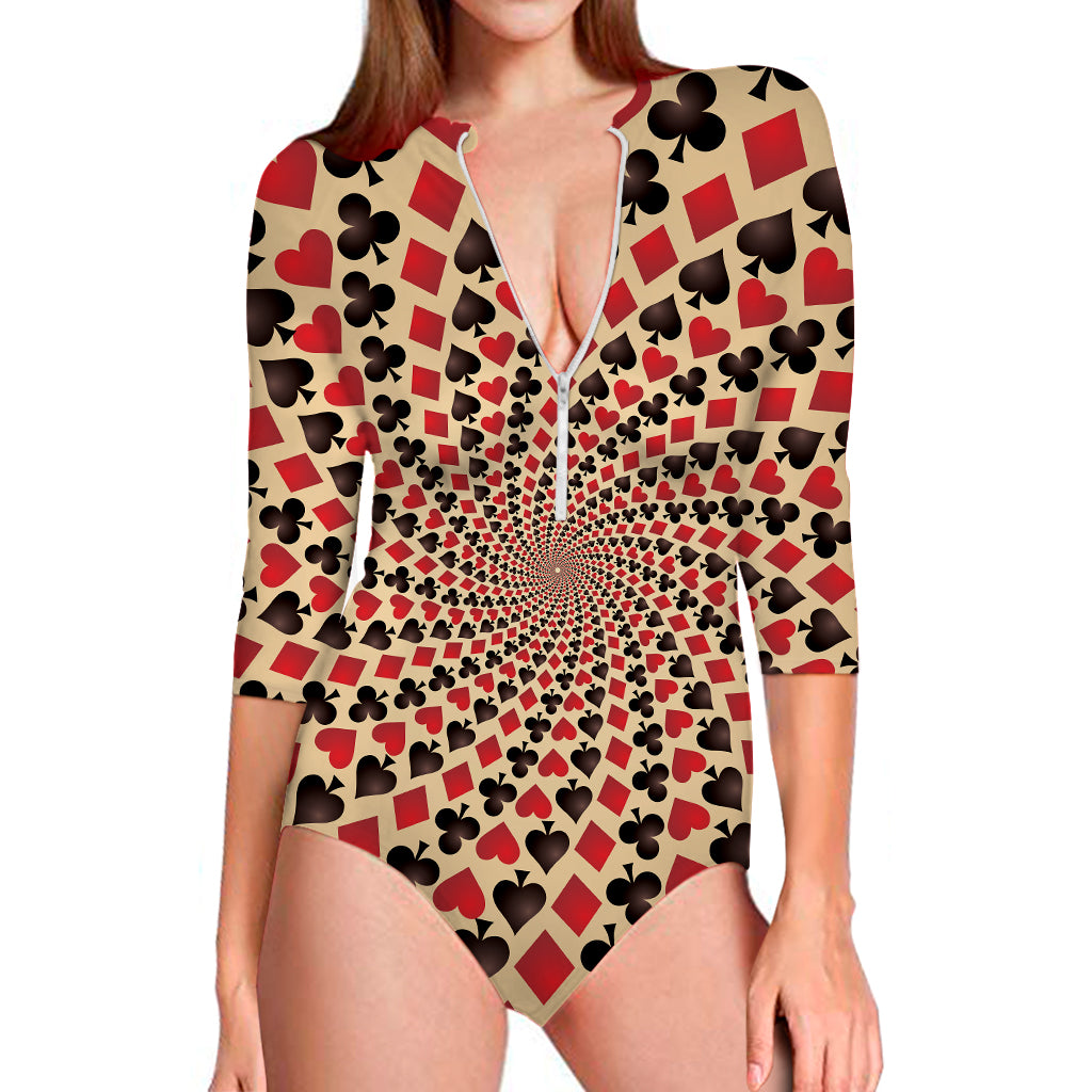 Swirl Playing Card Suits Print Long Sleeve Swimsuit