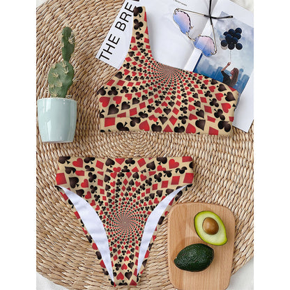 Swirl Playing Card Suits Print One Shoulder Bikini Top