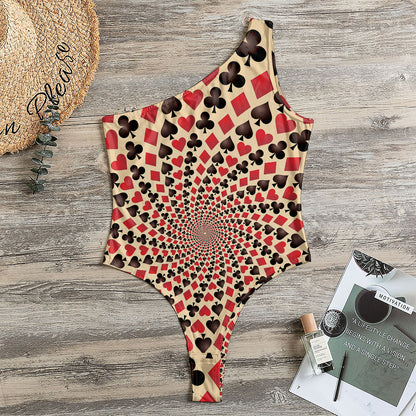Swirl Playing Card Suits Print One Shoulder Bodysuit