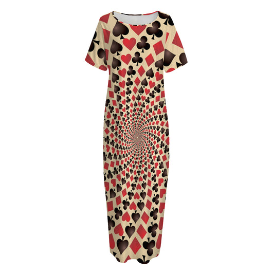 Swirl Playing Card Suits Print Short Sleeve Long Nightdress