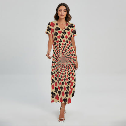 Swirl Playing Card Suits Print Short Sleeve Maxi Dress
