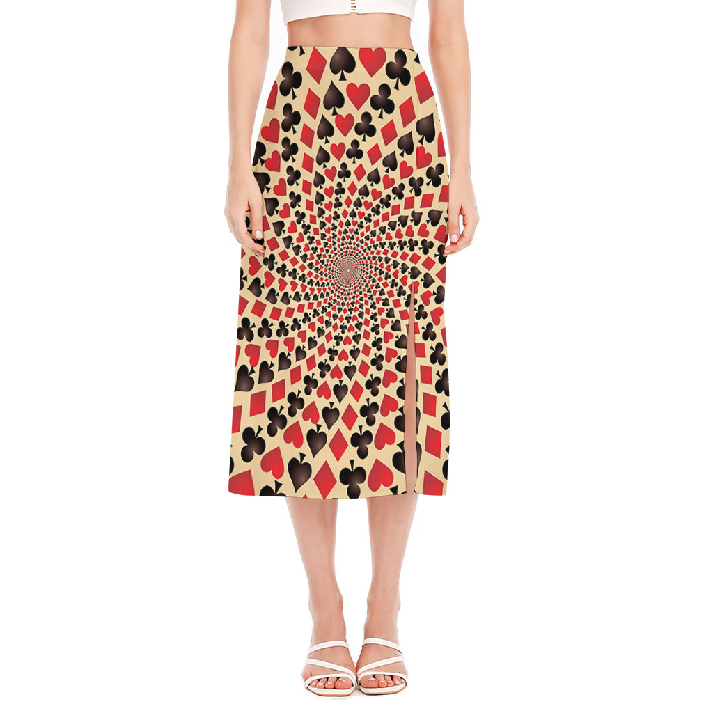 Swirl Playing Card Suits Print Side Slit Midi Skirt