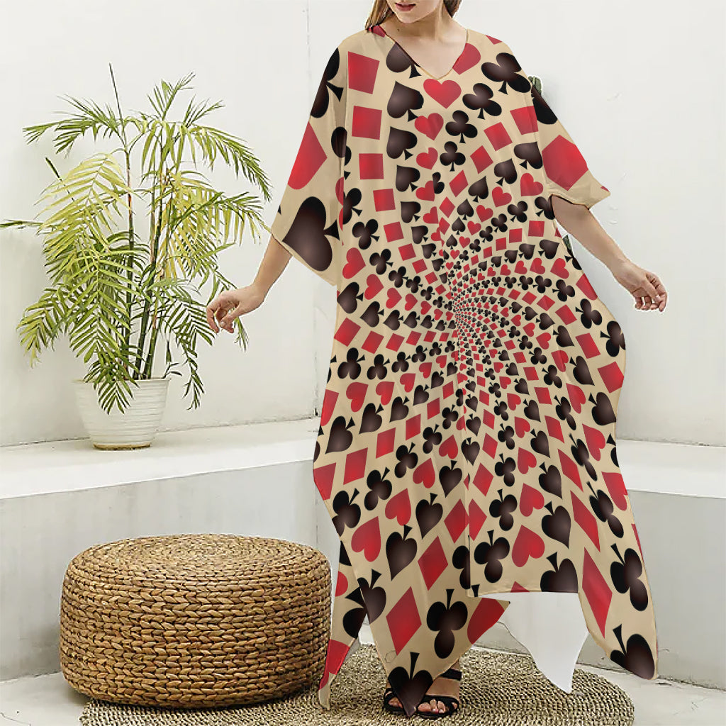 Swirl Playing Card Suits Print Silk V-Neck Kaftan Dress