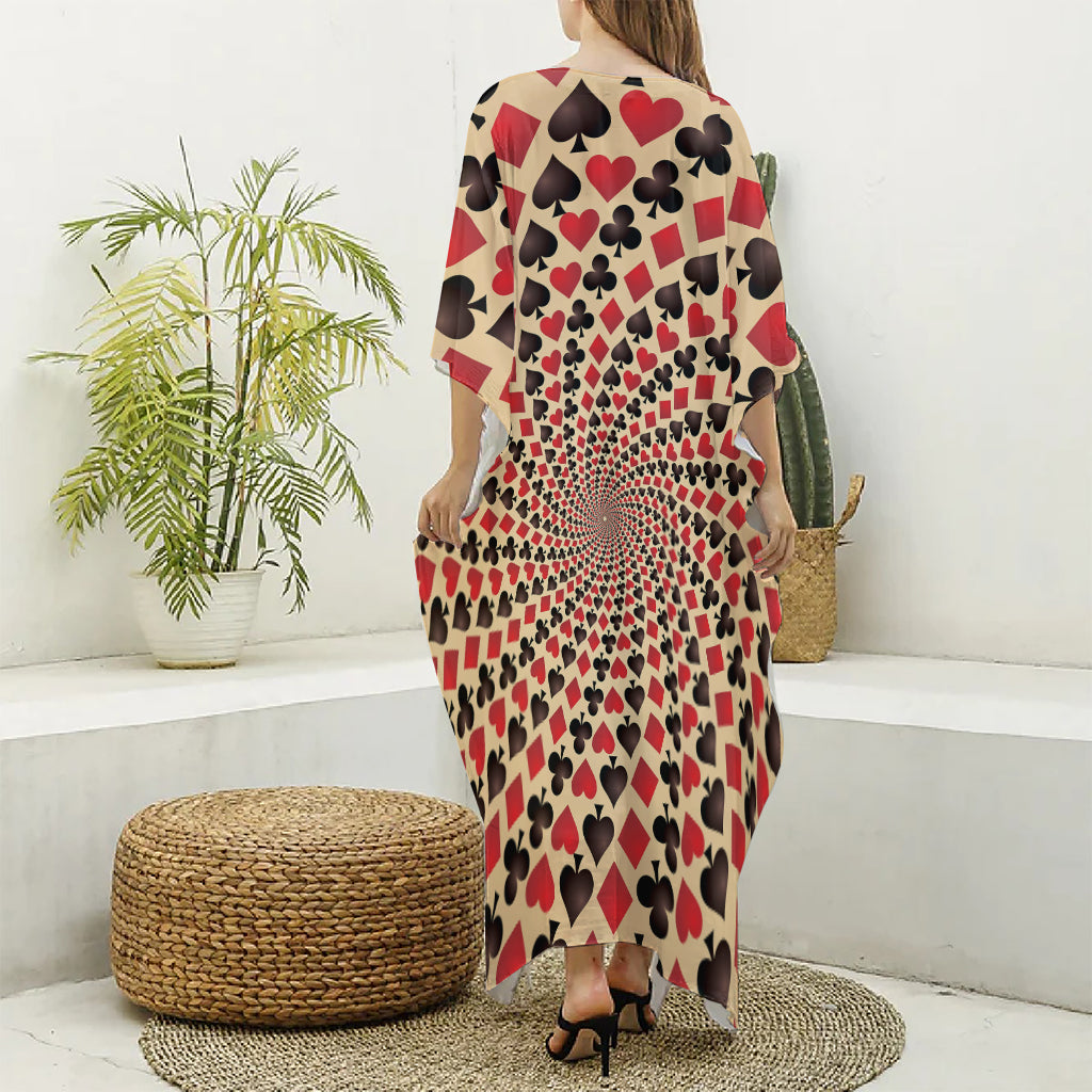 Swirl Playing Card Suits Print Silk V-Neck Kaftan Dress