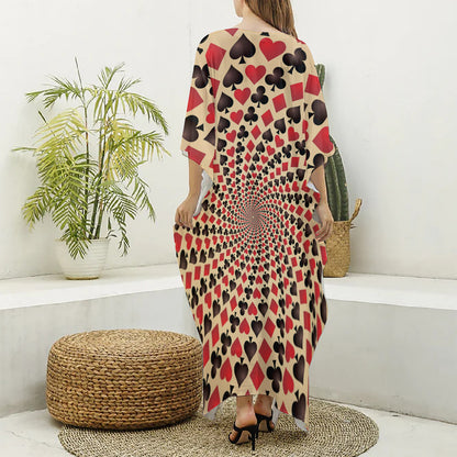 Swirl Playing Card Suits Print Silk V-Neck Kaftan Dress