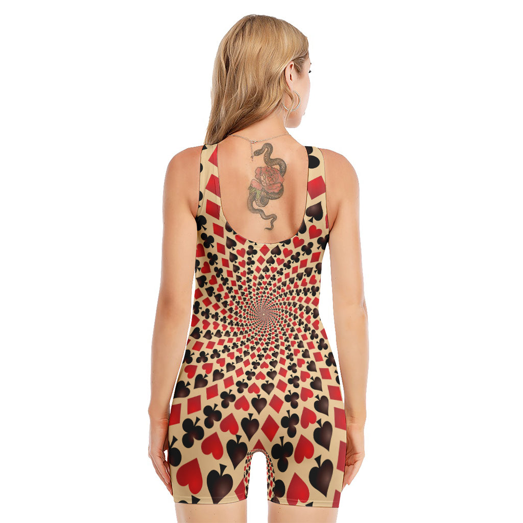 Swirl Playing Card Suits Print Sleeveless One Piece Swimsuit