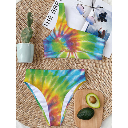 Swirl Tie Dye Print One Shoulder Bikini Top