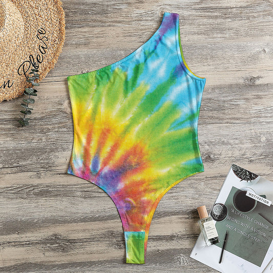 Swirl Tie Dye Print One Shoulder Bodysuit