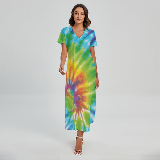 Swirl Tie Dye Print Short Sleeve Maxi Dress