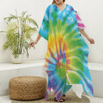 Swirl Tie Dye Print Silk V-Neck Kaftan Dress