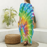 Swirl Tie Dye Print Silk V-Neck Kaftan Dress