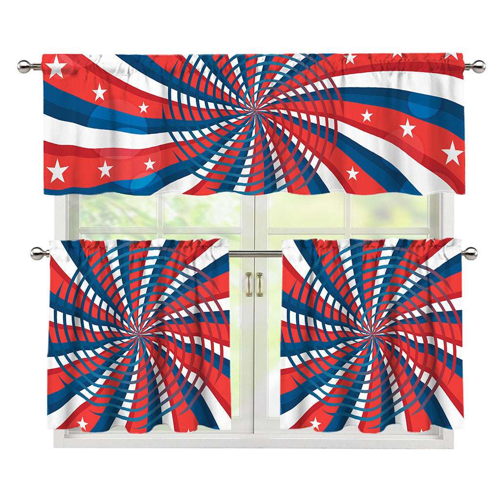 Swirly American Patriotic Print 3 Piece Kitchen Curtains