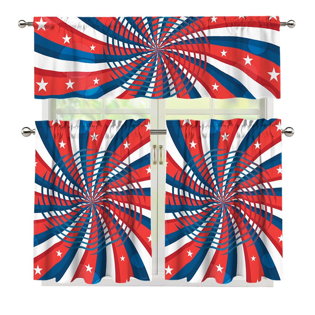 Swirly American Patriotic Print 3 Piece Kitchen Curtains