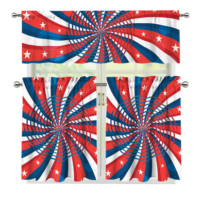 Swirly American Patriotic Print 3 Piece Kitchen Curtains