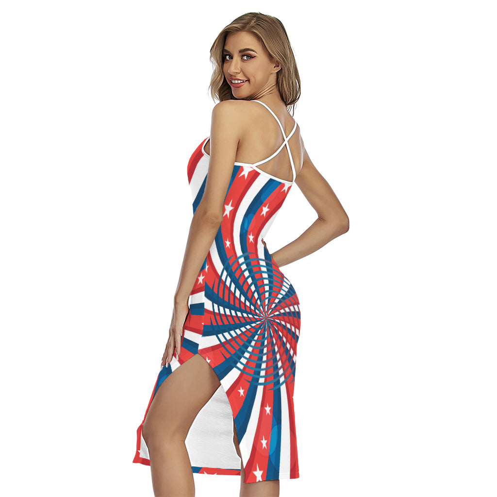 Swirly American Patriotic Print Cross Back Cami Dress