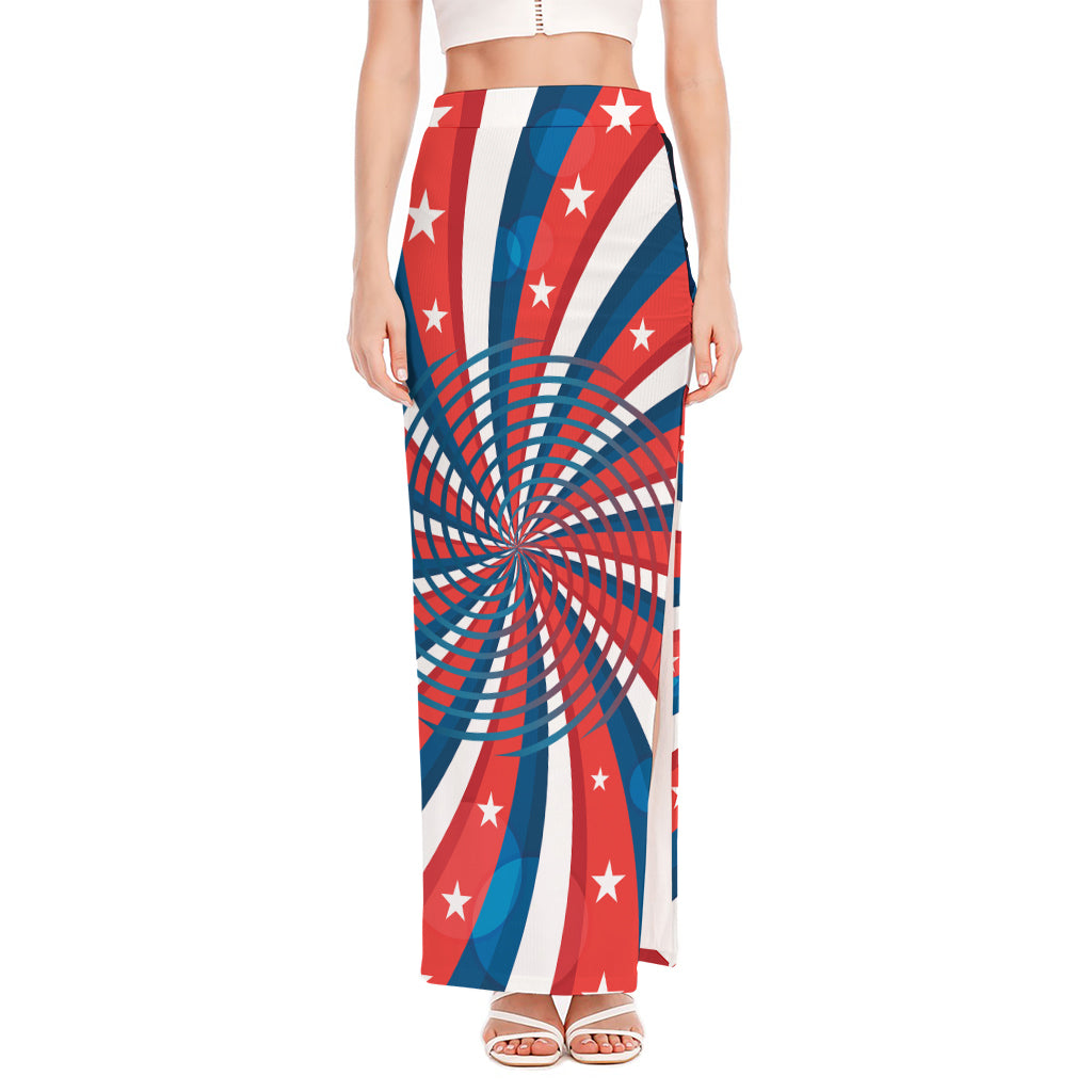 Swirly American Patriotic Print High Slit Maxi Skirt