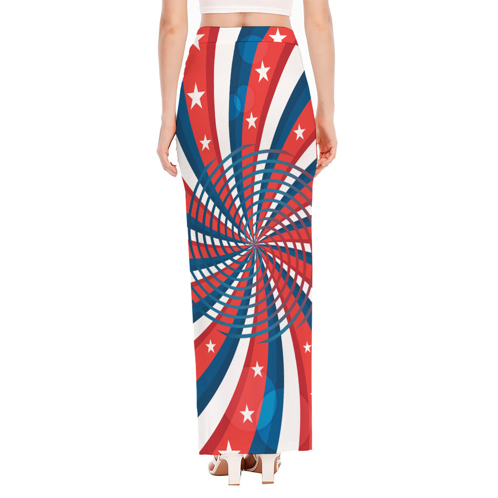 Swirly American Patriotic Print High Slit Maxi Skirt