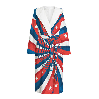 Swirly American Patriotic Print Hooded Bathrobe