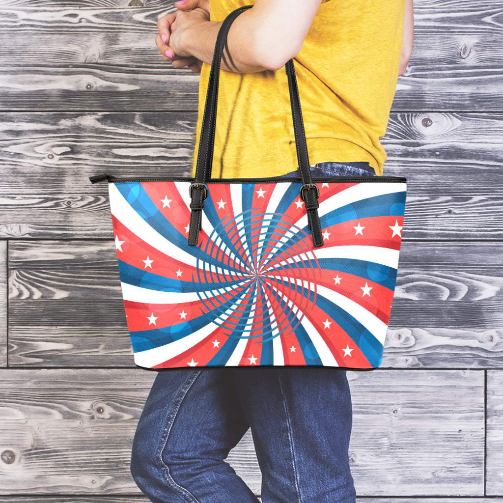 Swirly American Patriotic Print Leather Tote Bag