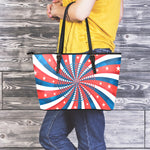 Swirly American Patriotic Print Leather Tote Bag
