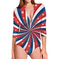 Swirly American Patriotic Print Long Sleeve Swimsuit