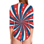 Swirly American Patriotic Print Long Sleeve Swimsuit