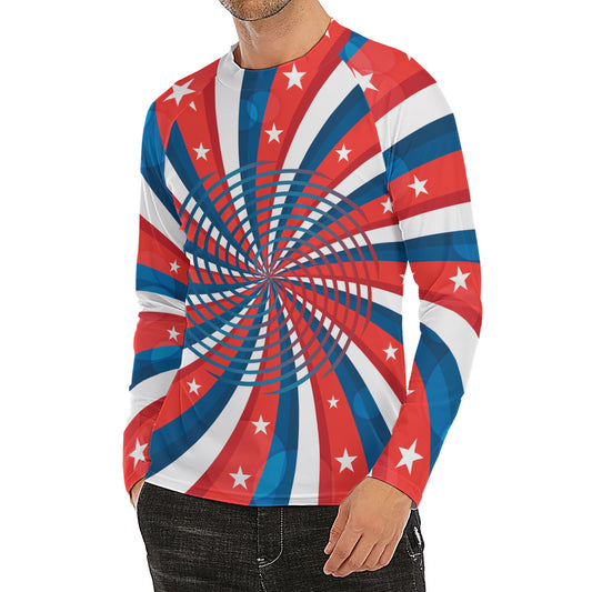 Swirly American Patriotic Print Men's Long Sleeve Rash Guard