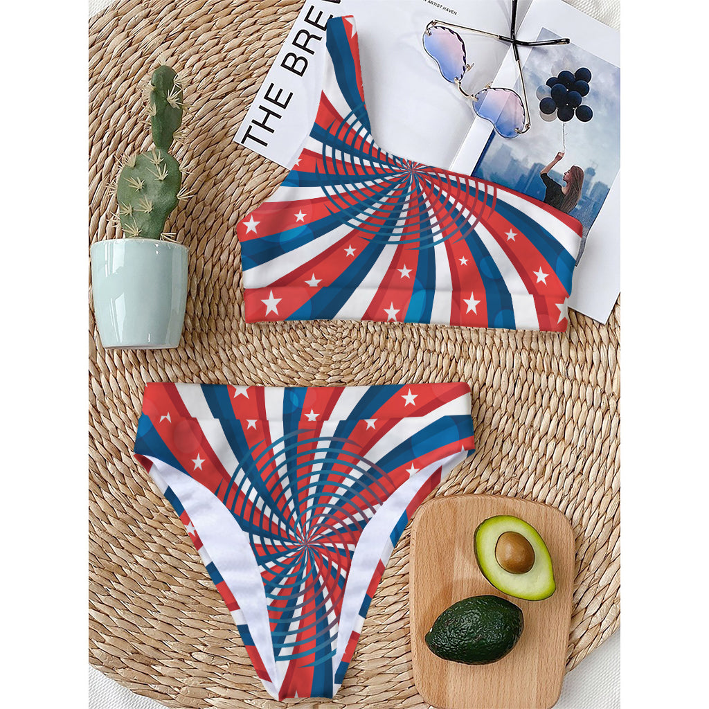 Swirly American Patriotic Print One Shoulder Bikini Top