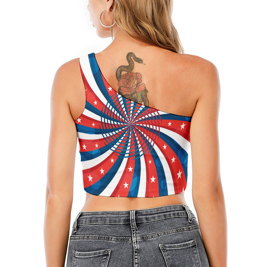 Swirly American Patriotic Print One Shoulder Crop Top