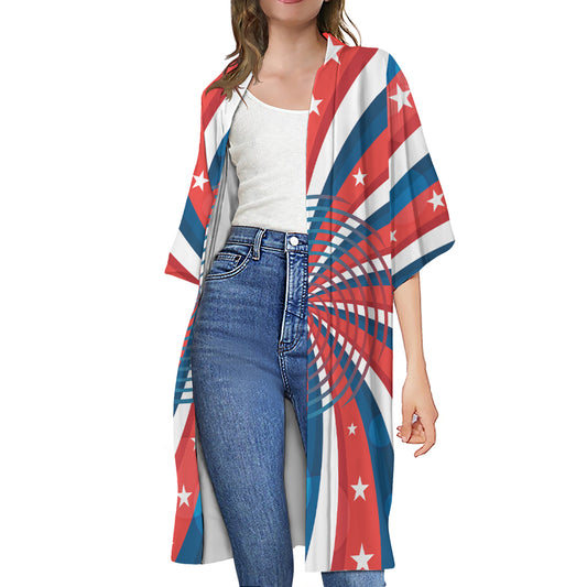 Swirly American Patriotic Print Open Front Beach Cover Up