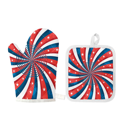 Swirly American Patriotic Print Oven Mitt And Pot Holder Set